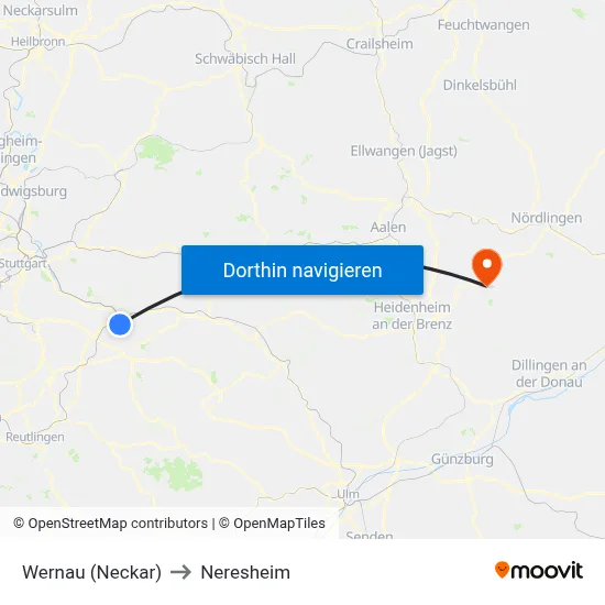 Wernau (Neckar) to Neresheim map