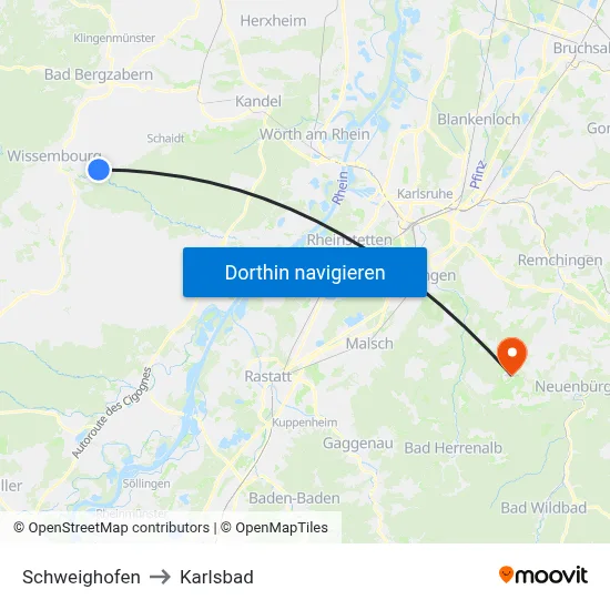Schweighofen to Karlsbad map