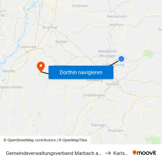 Gemeindeverwaltungsverband Marbach am Neckar to Karlsbad map