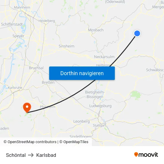 Schöntal to Karlsbad map
