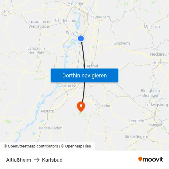 Altlußheim to Karlsbad map