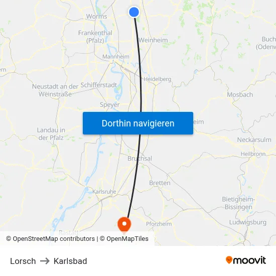 Lorsch to Karlsbad map