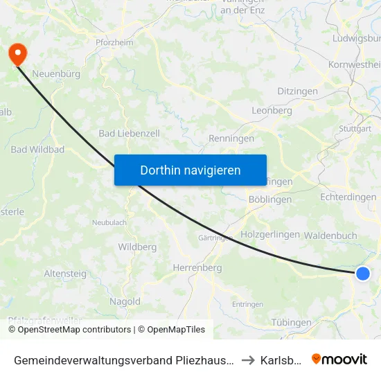 Gemeindeverwaltungsverband Pliezhausen to Karlsbad map