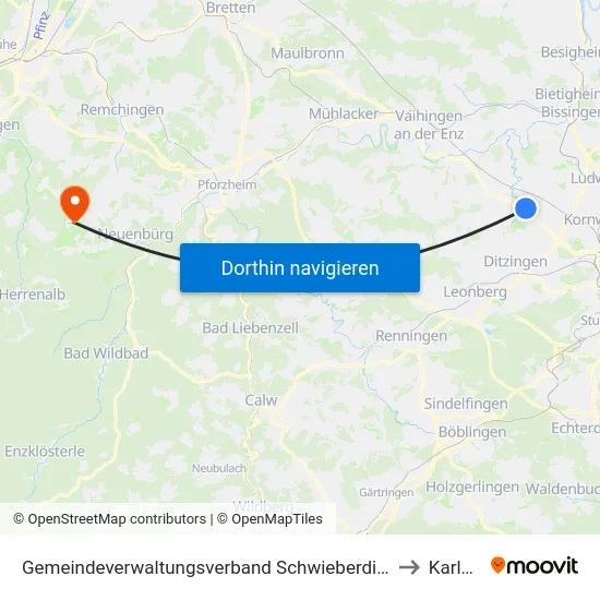 Gemeindeverwaltungsverband Schwieberdingen-Hemmingen to Karlsbad map