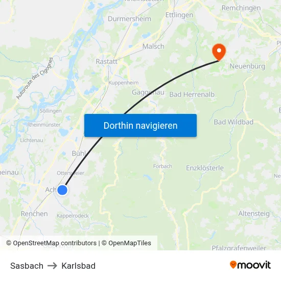 Sasbach to Karlsbad map