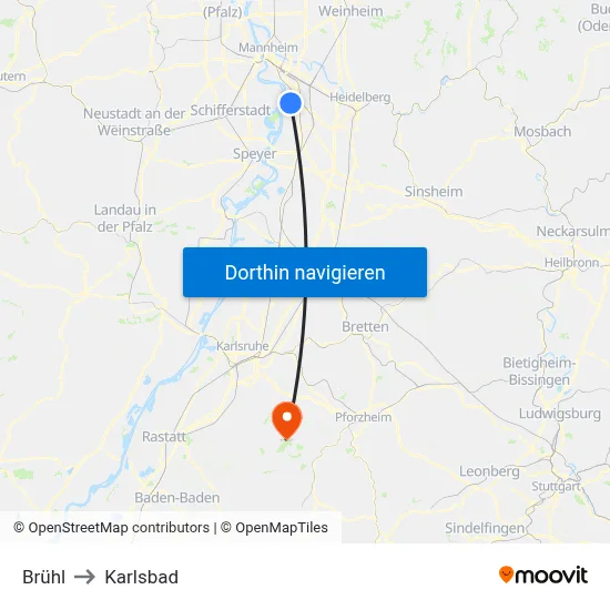 Brühl to Karlsbad map