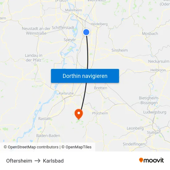Oftersheim to Karlsbad map