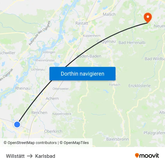 Willstätt to Karlsbad map