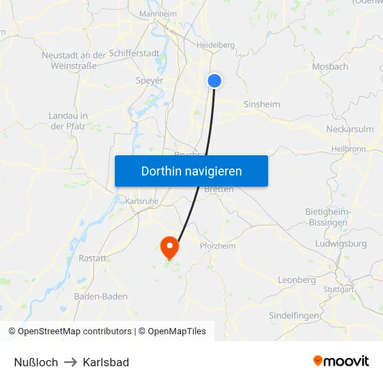 Nußloch to Karlsbad map