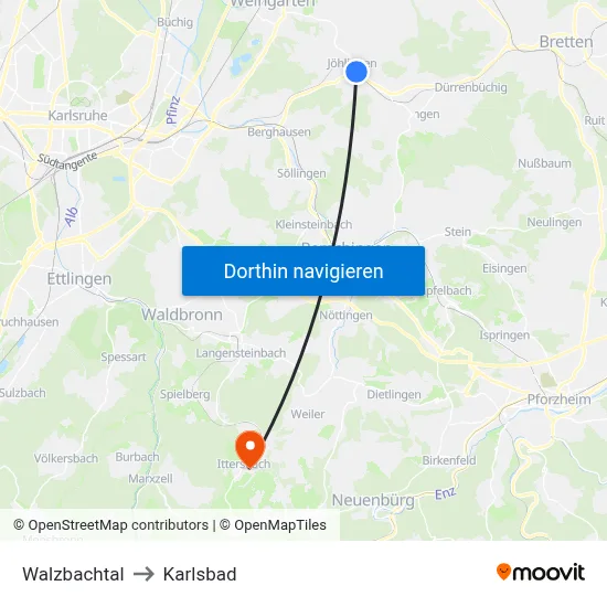 Walzbachtal to Karlsbad map
