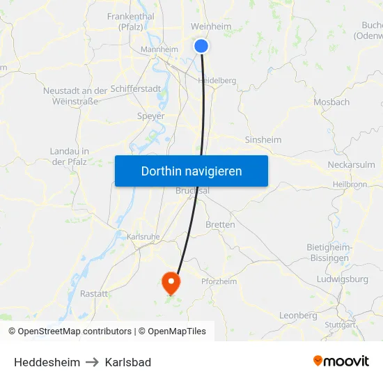 Heddesheim to Karlsbad map