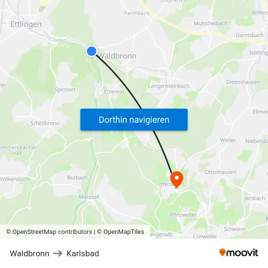Waldbronn to Karlsbad map