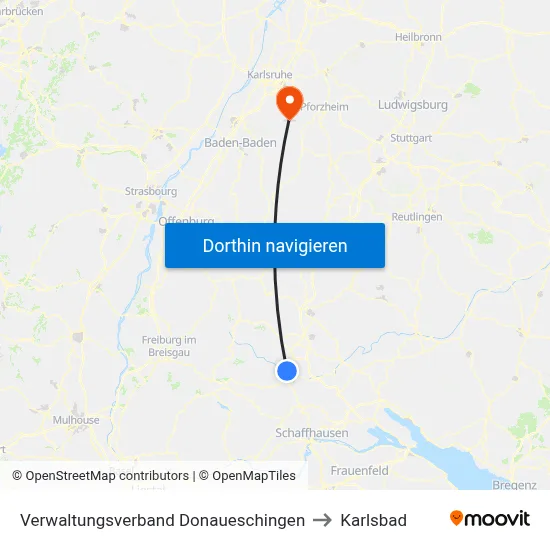 Verwaltungsverband Donaueschingen to Karlsbad map
