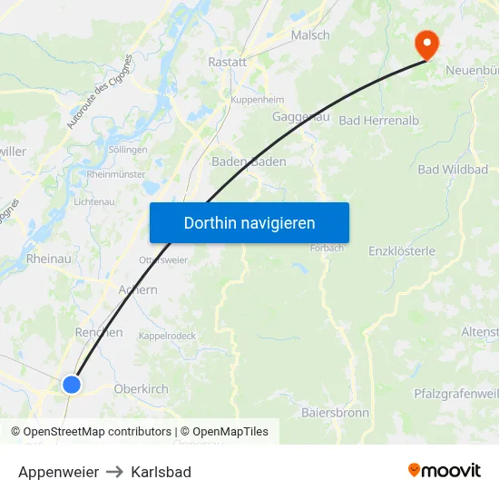 Appenweier to Karlsbad map