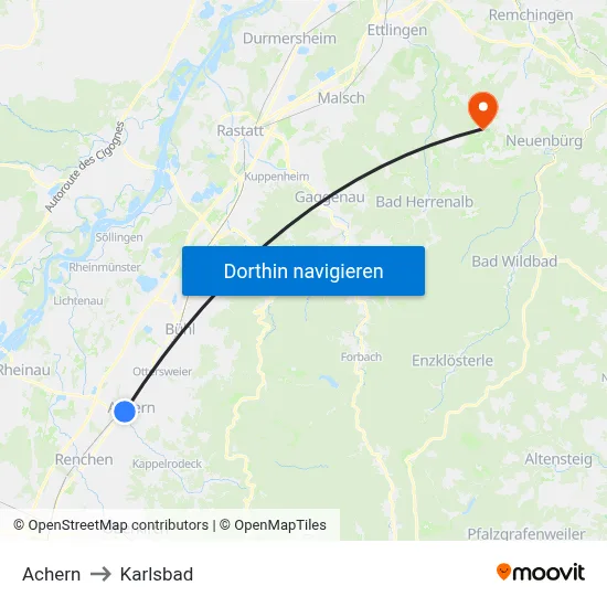 Achern to Karlsbad map