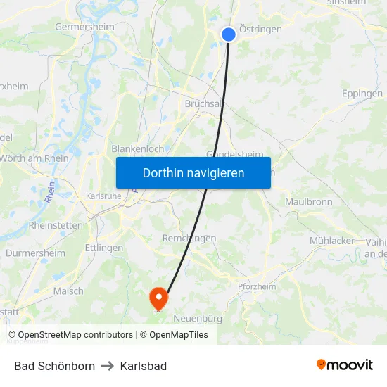 Bad Schönborn to Karlsbad map