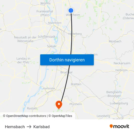 Hemsbach to Karlsbad map