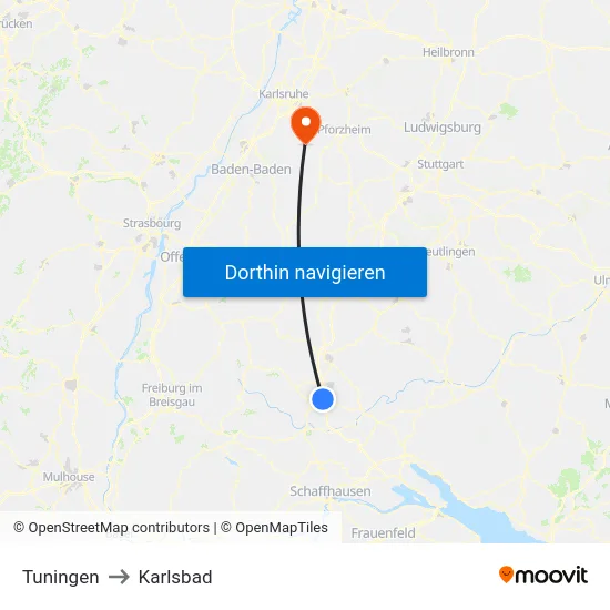 Tuningen to Karlsbad map