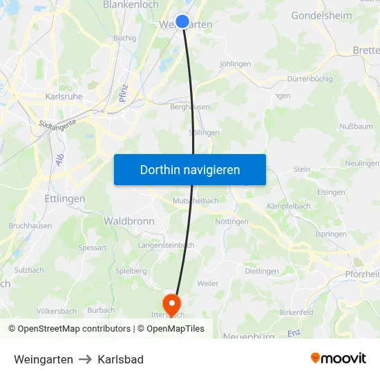 Weingarten to Karlsbad map