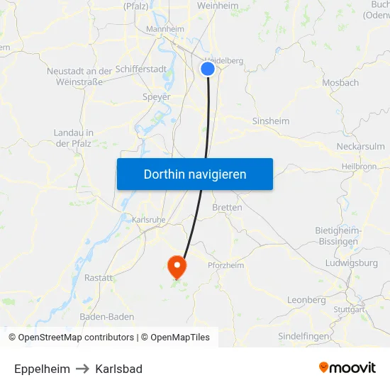 Eppelheim to Karlsbad map
