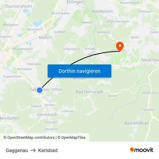 Gaggenau to Karlsbad map