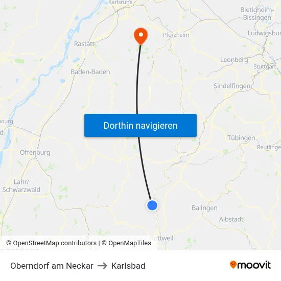 Oberndorf am Neckar to Karlsbad map