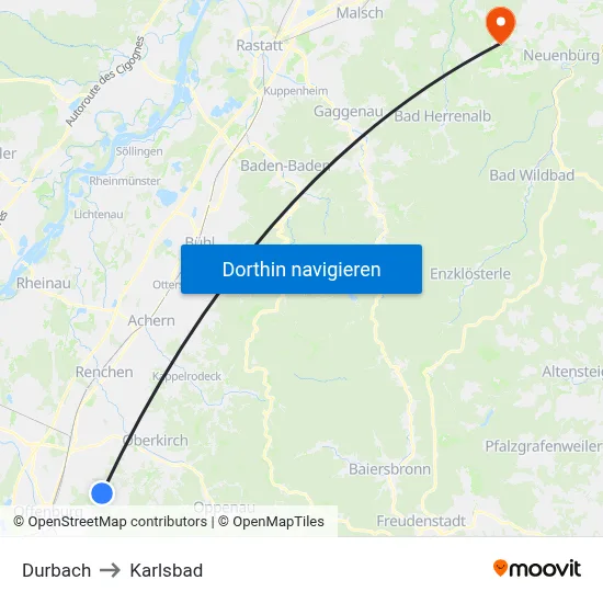 Durbach to Karlsbad map