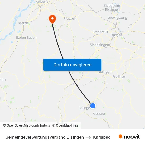 Gemeindeverwaltungsverband Bisingen to Karlsbad map