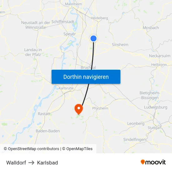 Walldorf to Karlsbad map