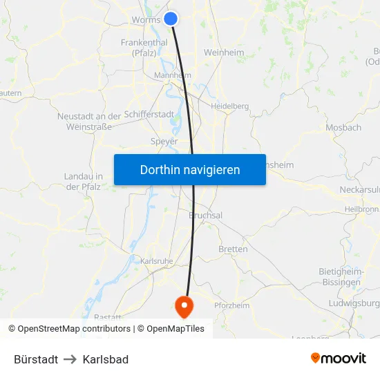 Bürstadt to Karlsbad map