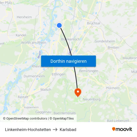 Linkenheim-Hochstetten to Karlsbad map
