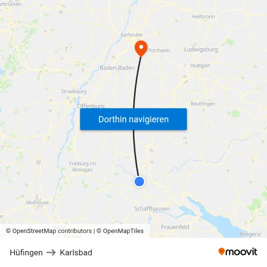 Hüfingen to Karlsbad map