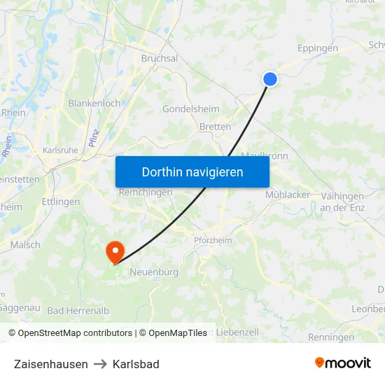 Zaisenhausen to Karlsbad map