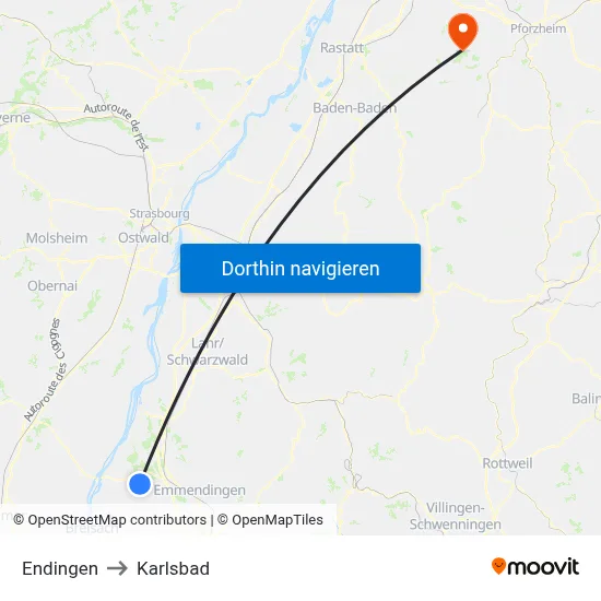 Endingen to Karlsbad map