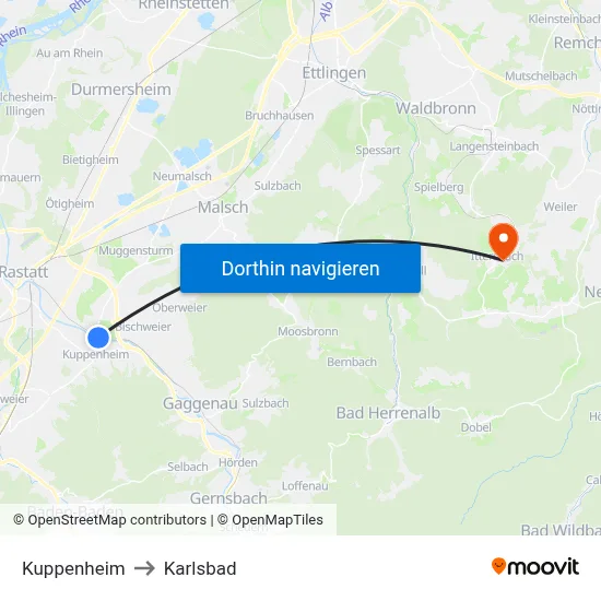 Kuppenheim to Karlsbad map