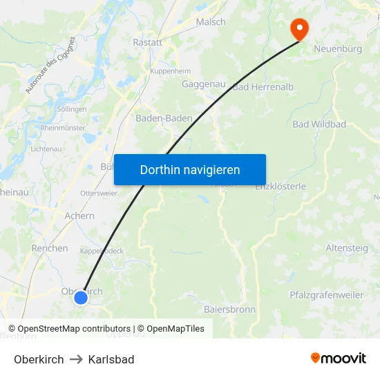 Oberkirch to Karlsbad map