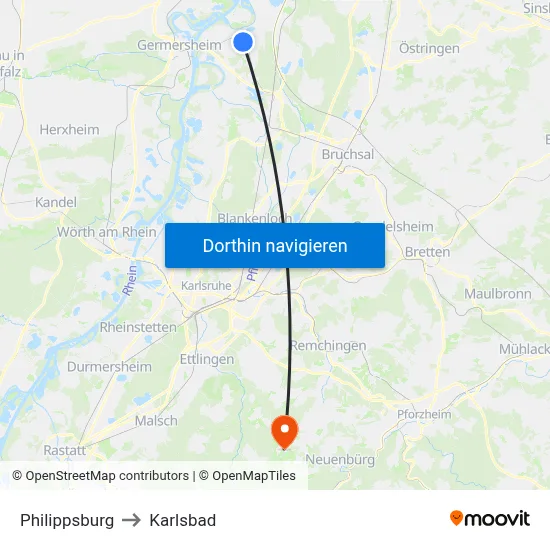Philippsburg to Karlsbad map