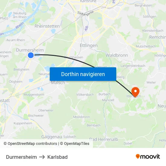 Durmersheim to Karlsbad map