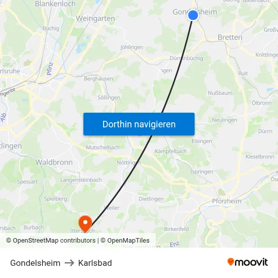 Gondelsheim to Karlsbad map