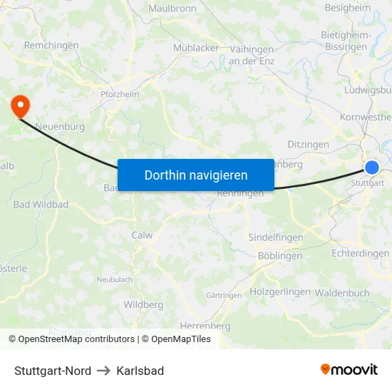 Stuttgart-Nord to Karlsbad map