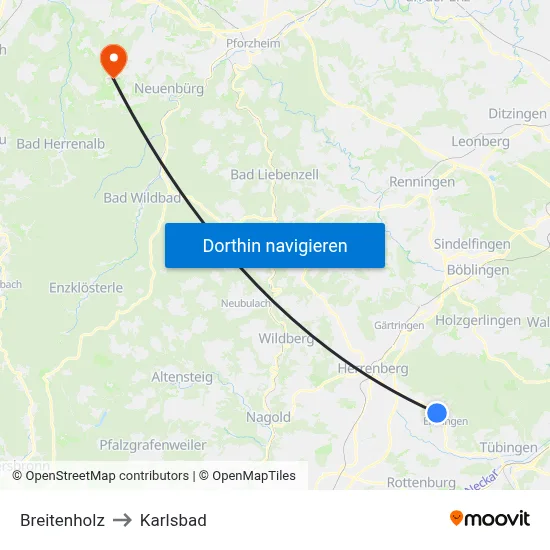 Breitenholz to Karlsbad map