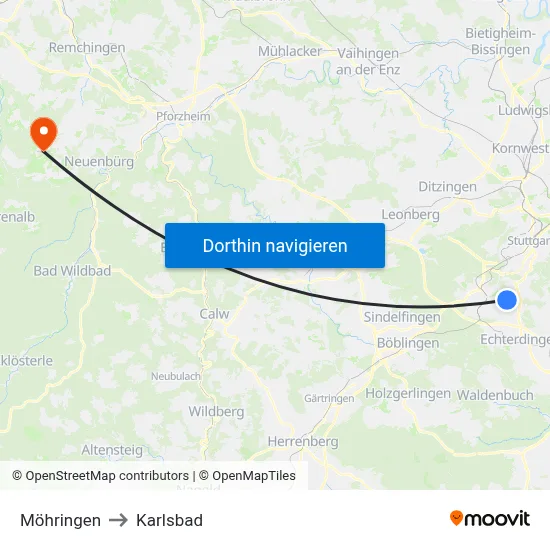 Möhringen to Karlsbad map