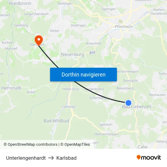 Unterlengenhardt to Karlsbad map