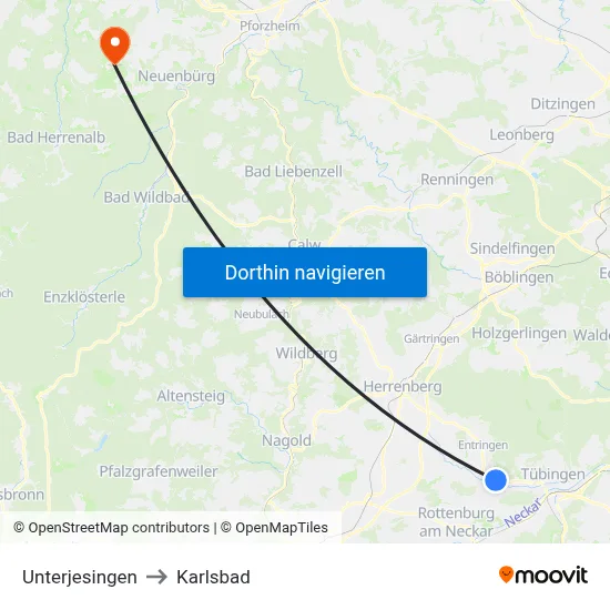 Unterjesingen to Karlsbad map