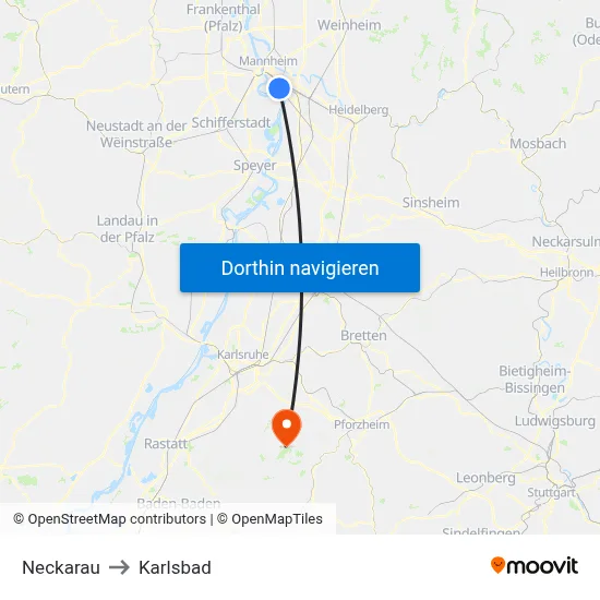 Neckarau to Karlsbad map