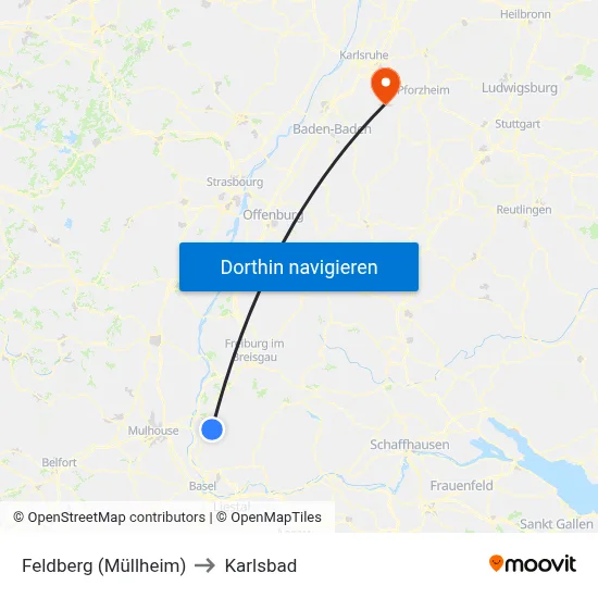Feldberg (Müllheim) to Karlsbad map