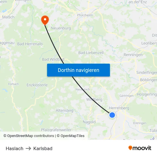 Haslach to Karlsbad map