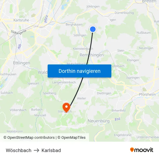 Wöschbach to Karlsbad map