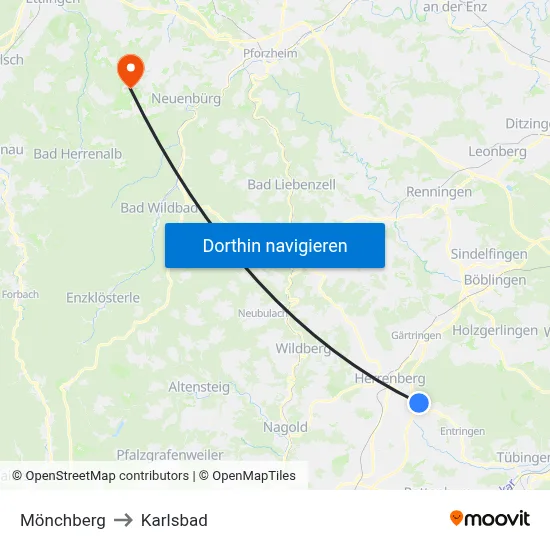 Mönchberg to Karlsbad map