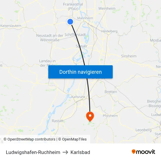 Ludwigshafen-Ruchheim to Karlsbad map